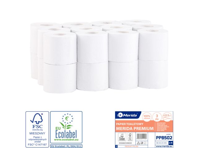 MERIDA PREMIUM roll toilet paper, white, 12.5 cm diameter, 50 m long, 3-ply, 24 rolls/bag, ECOLABEL